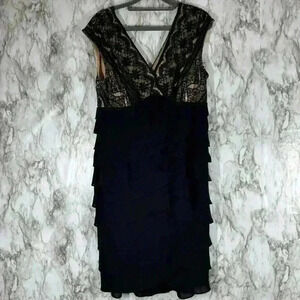 Adrianna Papell Black & Tan Lace Overlay Tiered Ruffle V-Neck Sheath Dress Sz 14